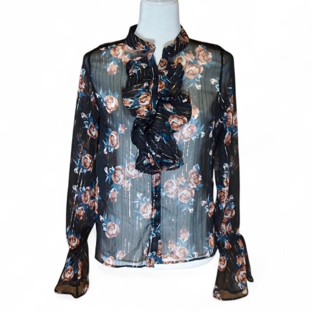 💚 FLETCH Sheer Black/Gold Metallic Floral Ruffle Button Down Top (S)